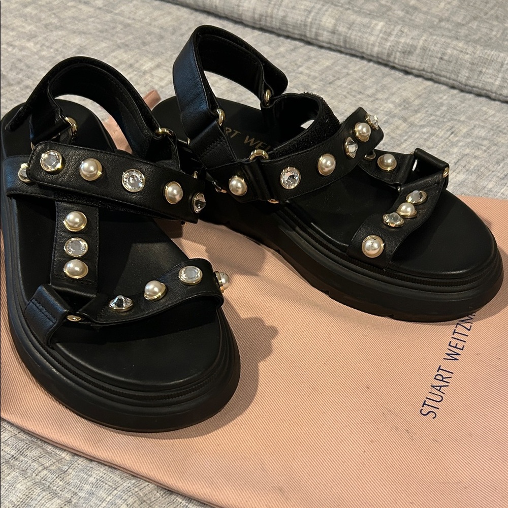 Stuart Weitzman Black Sandals with Pearl and Crystal Embellishments
